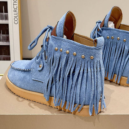 Canvasstiefel mit runder Zehenpartie und Fransen