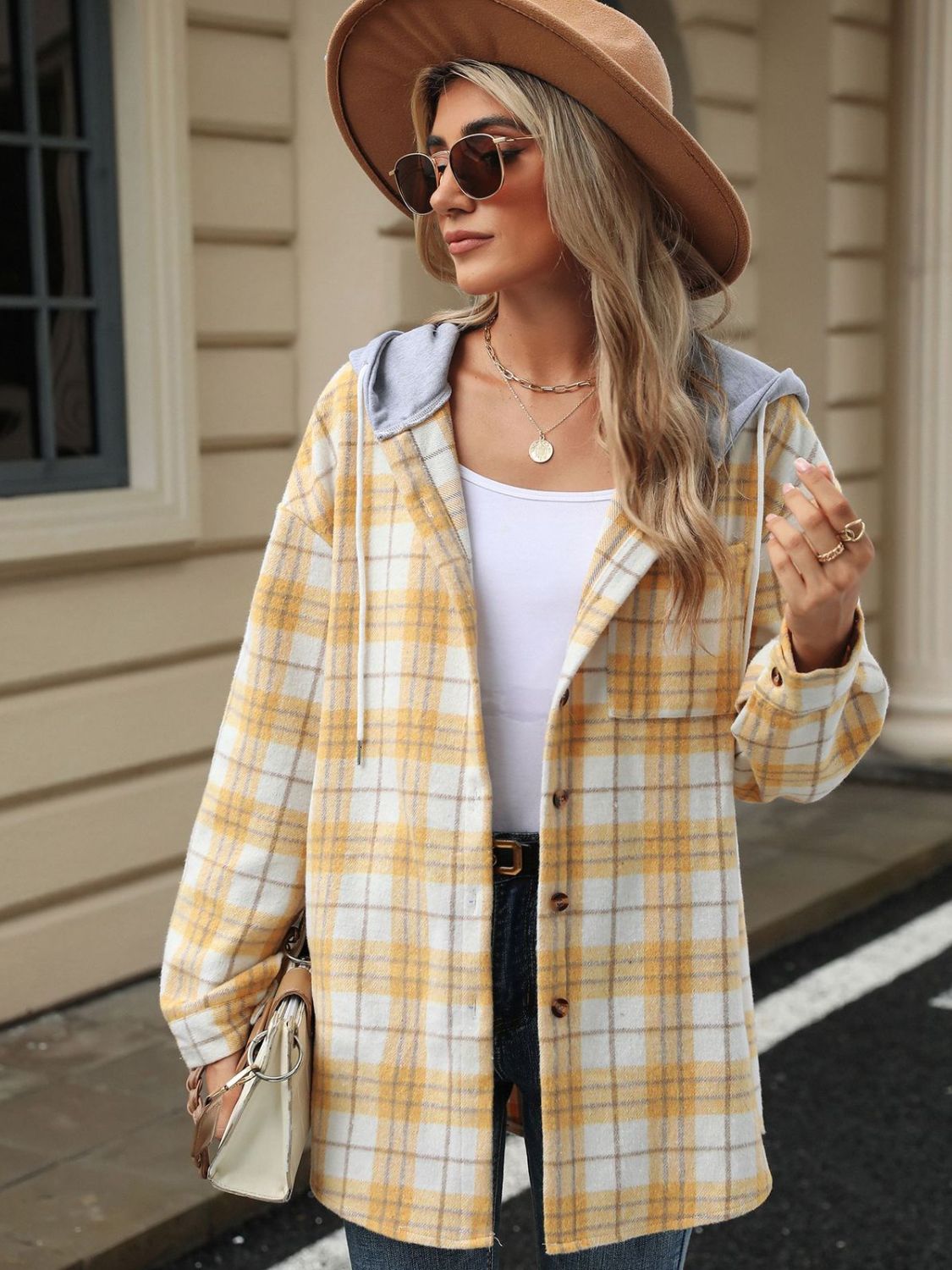 Karierte Kapuzenjacke mit Kordelzug und Knopfleiste