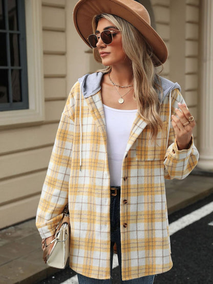 Karierte Kapuzenjacke mit Kordelzug und Knopfleiste