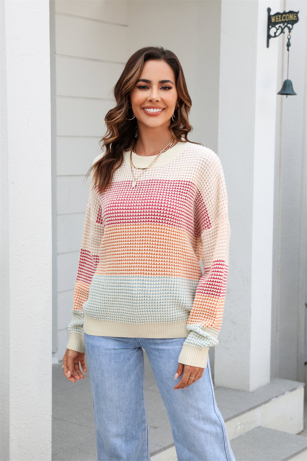 Pullover mit Waffelstrick und Engelsflügeln, Rundhalsausschnitt, überschnittenen Schultern und Farbblockdesign