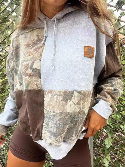 Full Size Patchwork Langarm-Hoodie mit Kordelzug