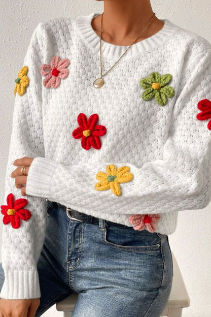 Häkelblumen-Pullover mit Rundhalsausschnitt und langen Ärmeln