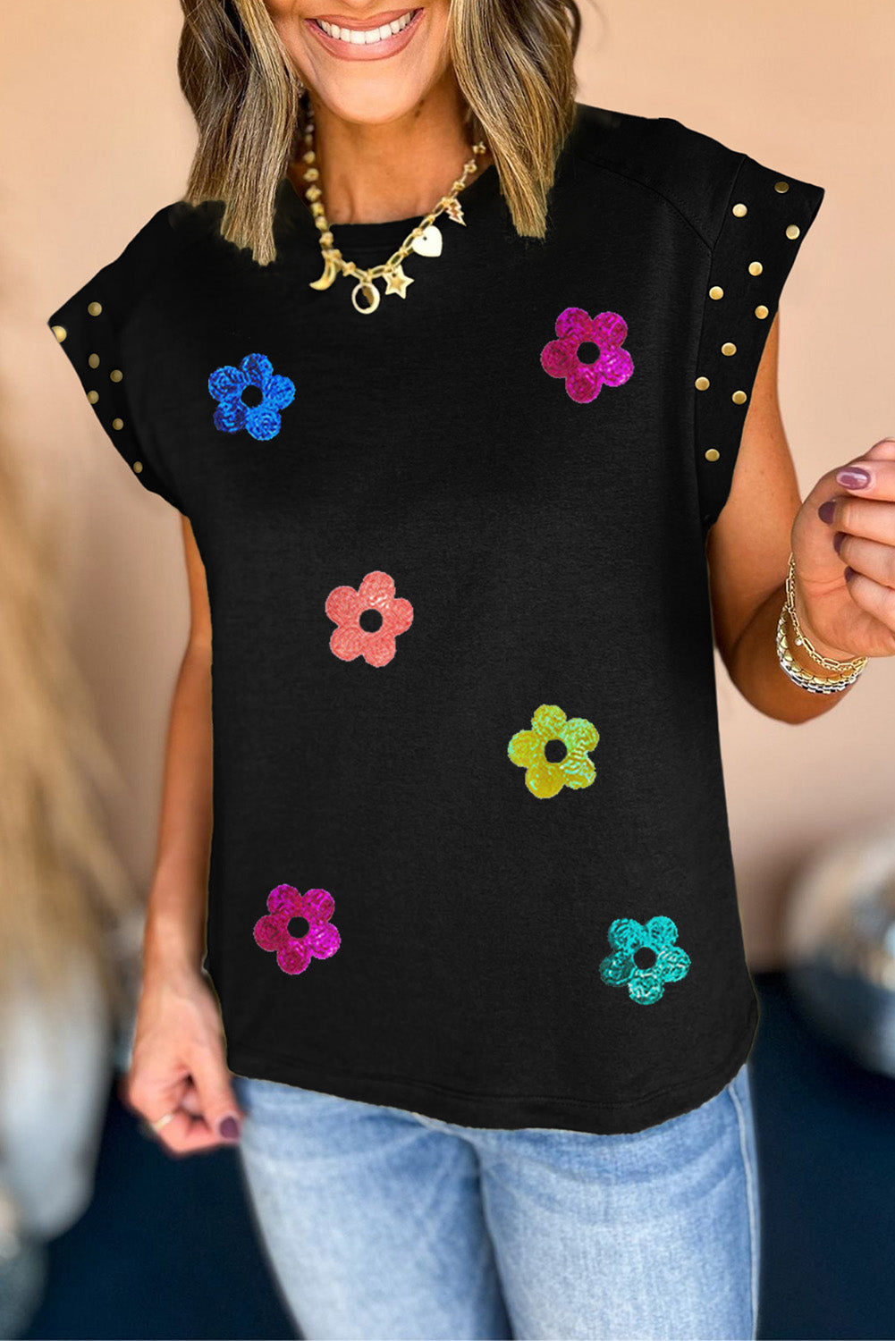 Bluse mit Rundhalsausschnitt, Flügelärmeln und Blumenmuster