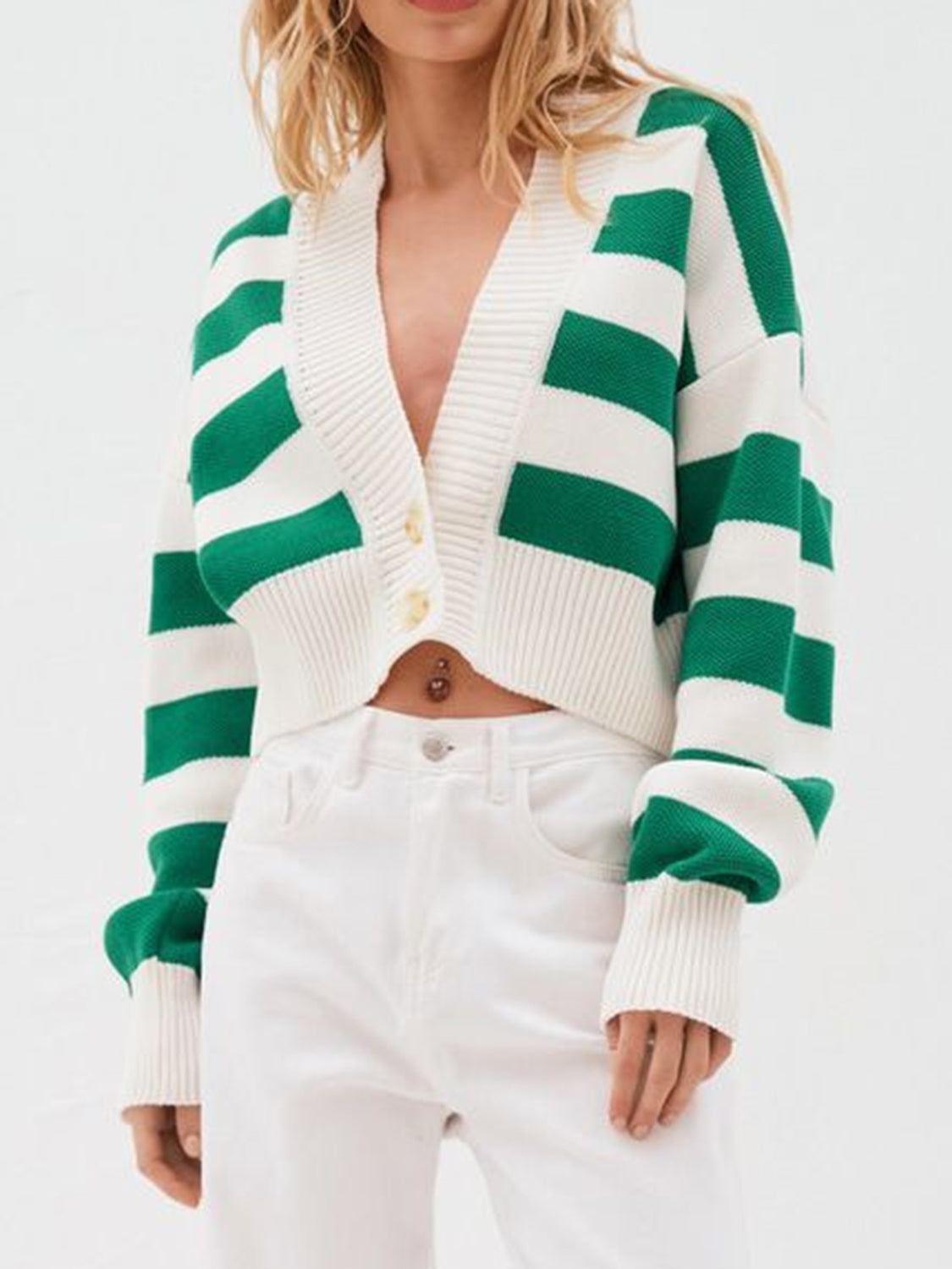 Gestreifter Cardigan mit Button-Down-Kragen und überschnittener Schulter