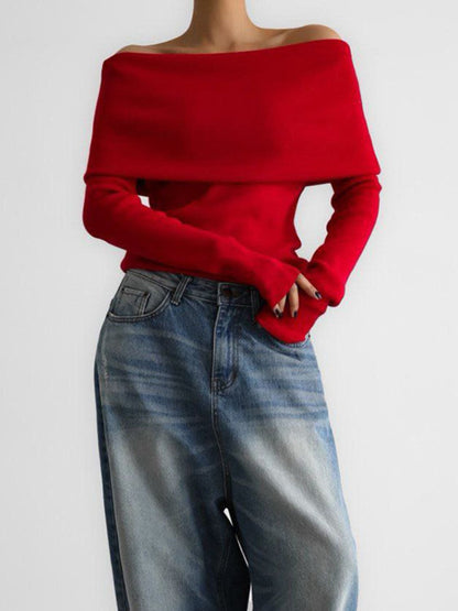 Schulterfreies, langärmliges Stricktop