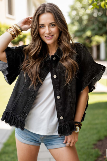 Jeansoberteil mit Knopfleiste und ungesäumtem Saum