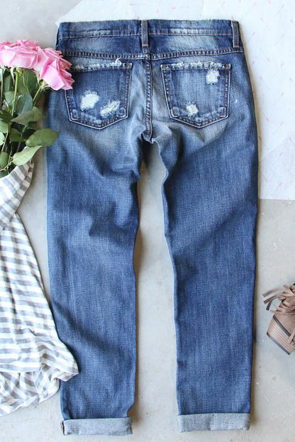 Distressed-Jeans mit Kürbis-Pailletten