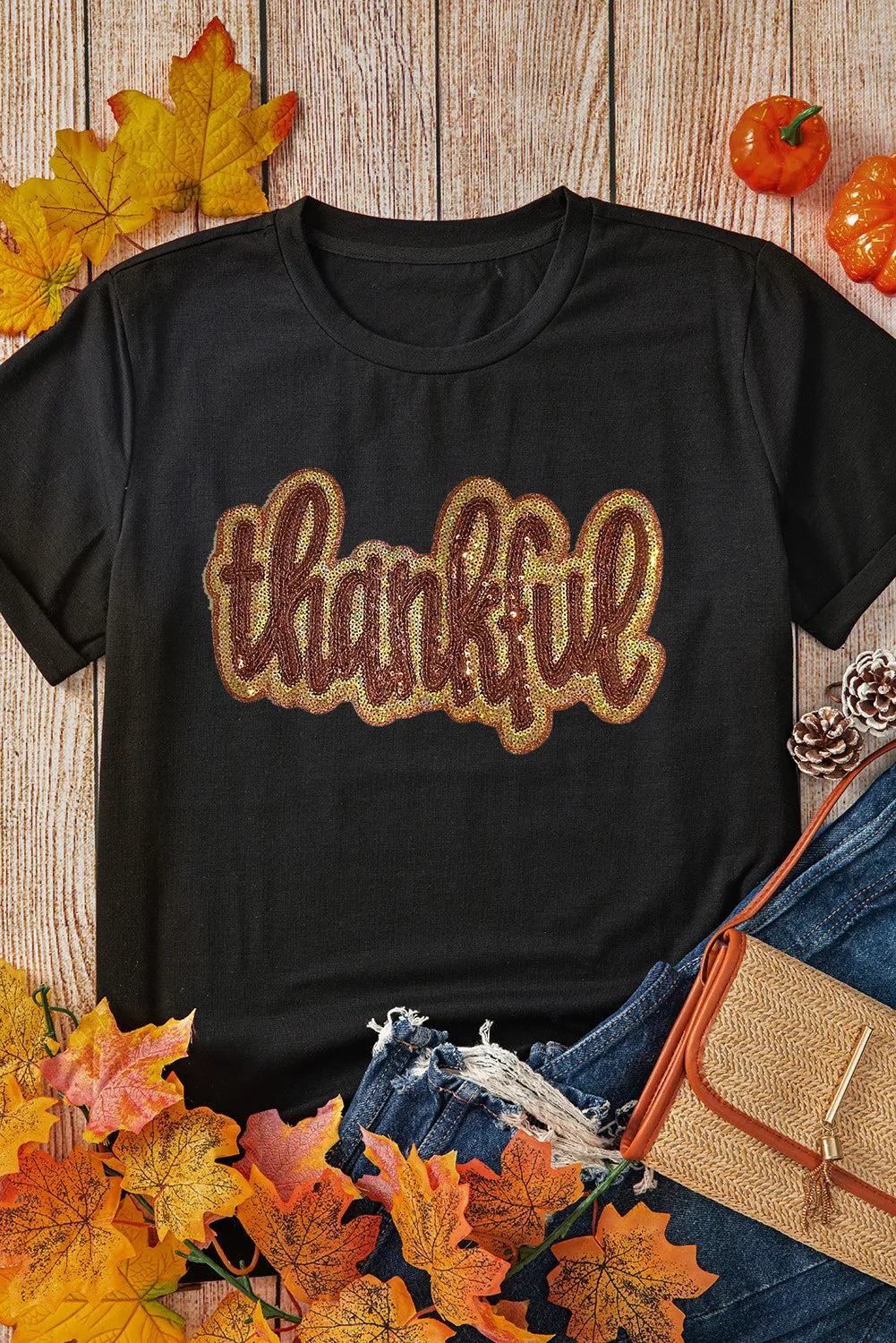 THANKFUL Pailletten-Kurzarm-T-Shirt mit Rundhalsausschnitt