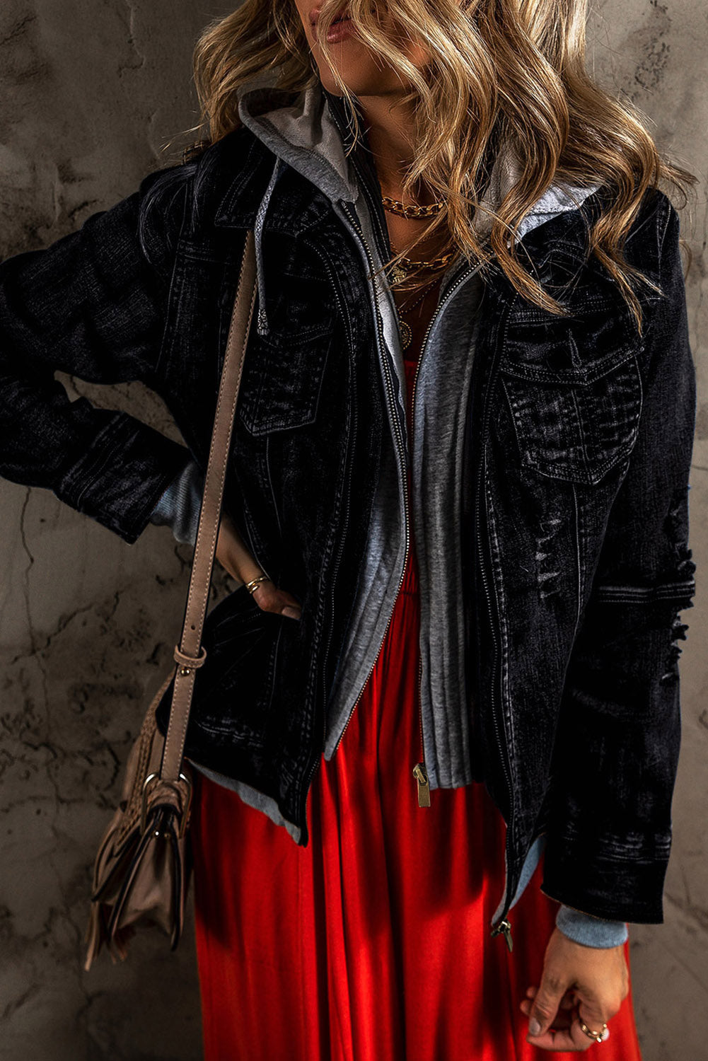 Fake Zweiteilige Jeansjacke mit Kapuze und Reißverschluss