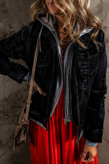 Fake Zweiteilige Jeansjacke mit Kapuze und Reißverschluss