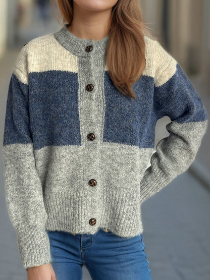 Strickjacke mit Rundhalsausschnitt und Knopfleiste in Farbblock-Optik