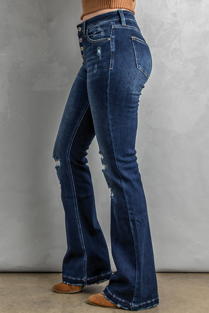 Distressed-Bootcut-Jeans mit Knopfleiste
