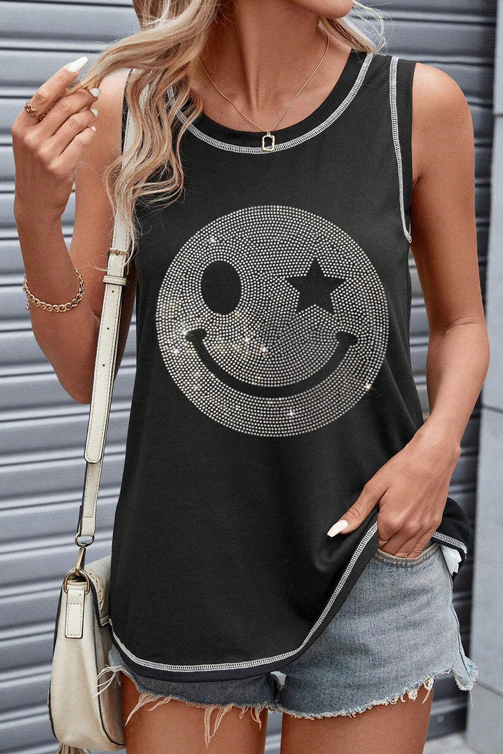 Strass Smile Face Rundhals-Tank