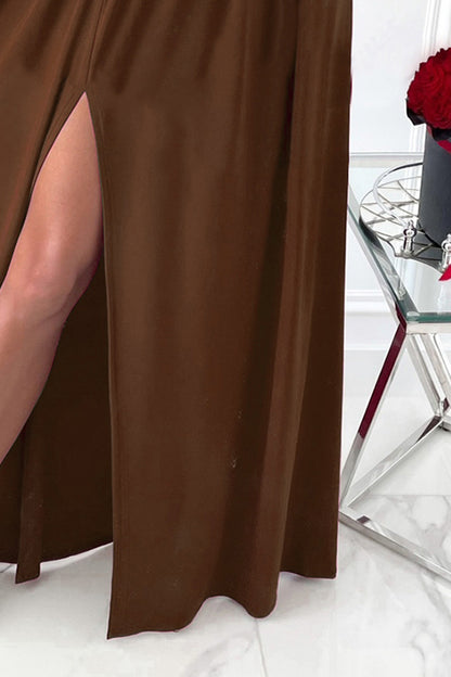 Geschlitztes, langärmliges Maxikleid mit Überbauchbund