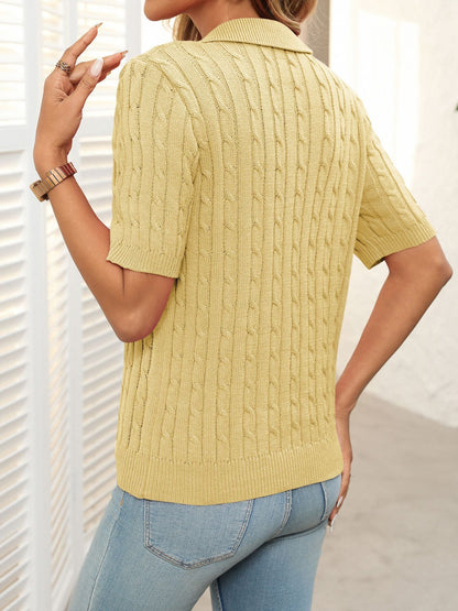 Mandy Zopfmusterpullover mit Johnny-Kragen und halblangen Ärmeln