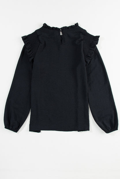 Bluse mit Stehkragen, Rüschen und Ballonärmeln