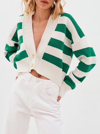 Gestreifter Cardigan mit Button-Down-Kragen und überschnittener Schulter