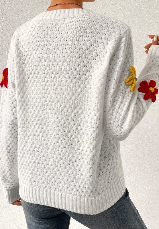 Häkelblumen-Pullover mit Rundhalsausschnitt und langen Ärmeln