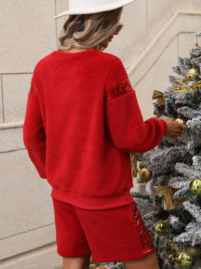 Set aus Sweatshirt und Shorts aus Teddy mit Pailletten
