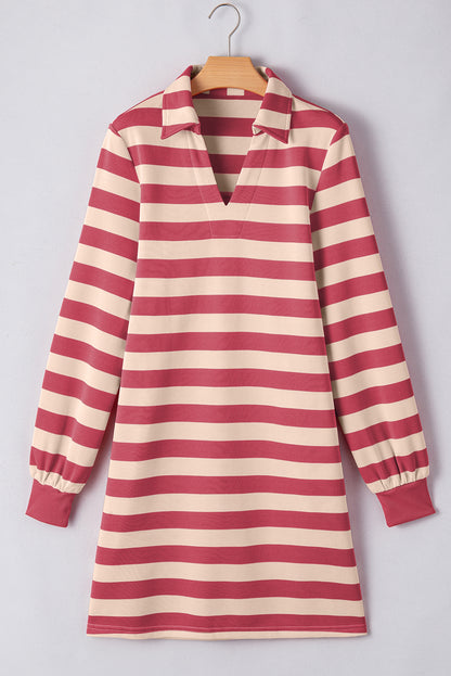 Contrast Striped Johnny Collar Long Sleeve Mini Dress