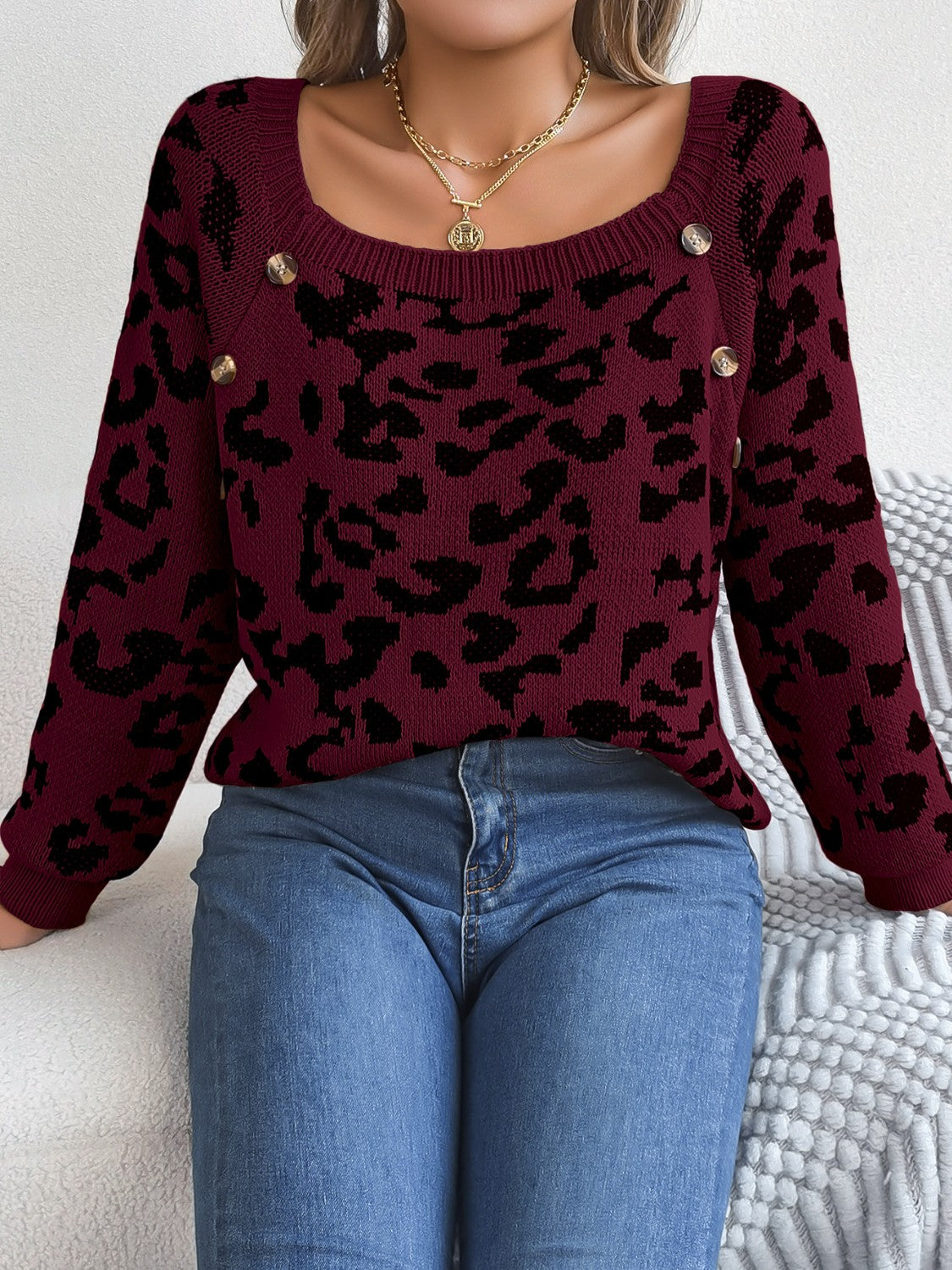 Pullover mit Leopardenmuster und quadratischem Ausschnitt