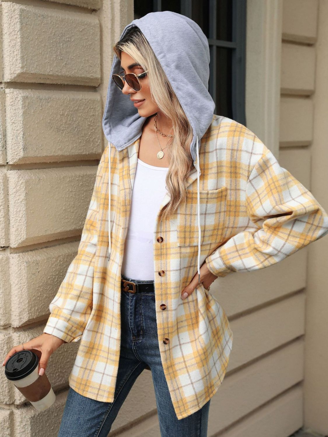 Karierte Kapuzenjacke mit Kordelzug und Knopfleiste