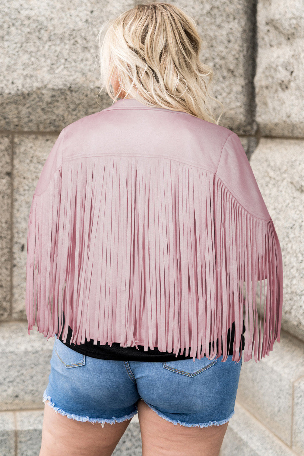 Chaqueta con frente abierto y flecos de talla grande