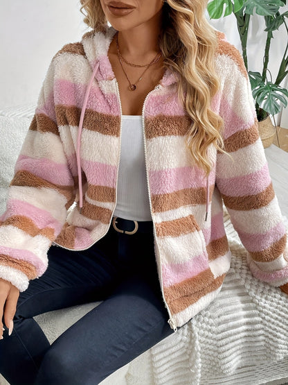 Gestreifte Kapuzenjacke mit Kordelzug und Reißverschluss