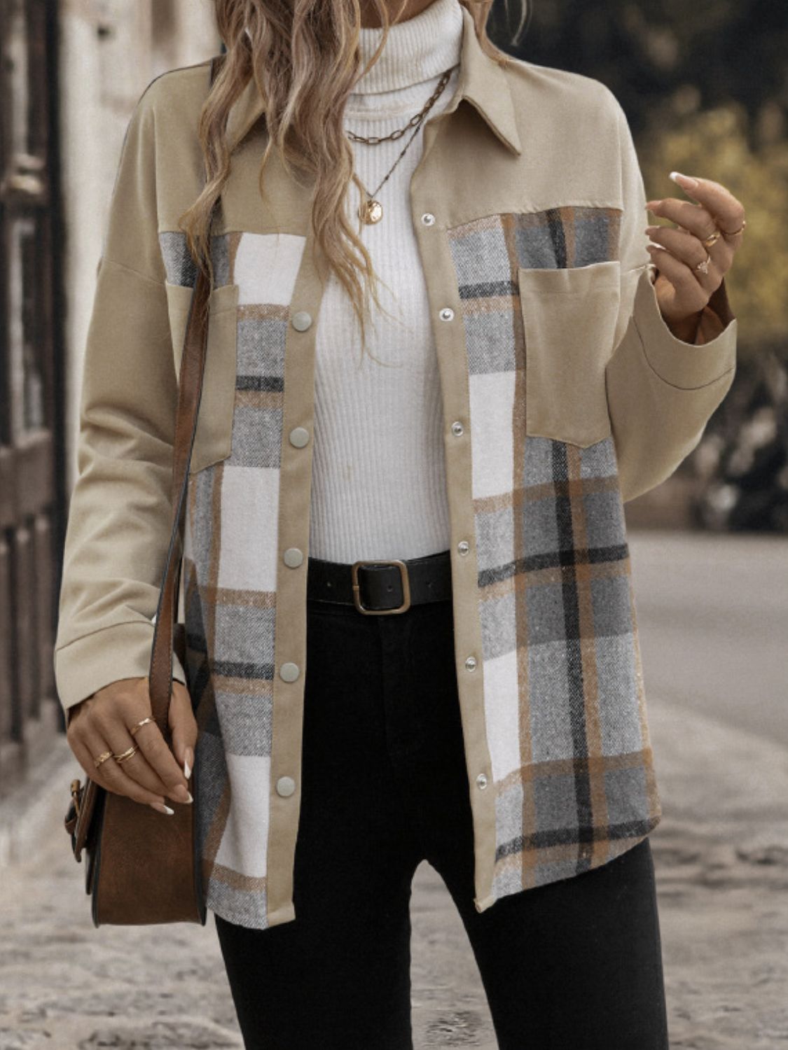 Perfee – Karierte, langärmlige Hemdjacke mit Druckknöpfen