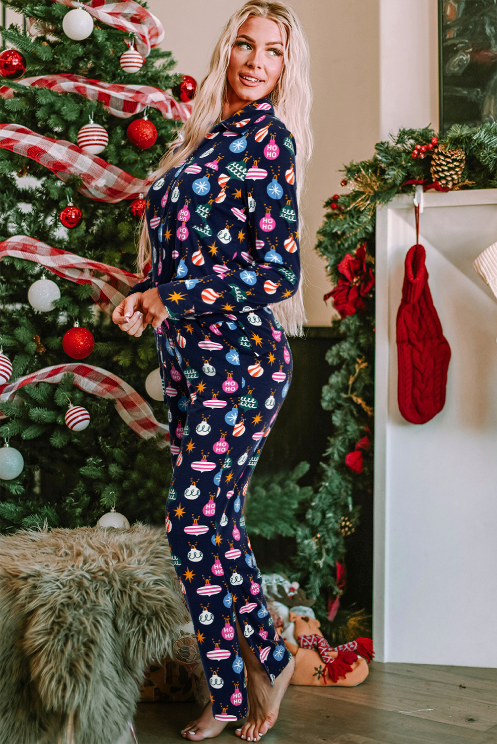 Set aus Oberteil und Hose mit Weihnachtslichter-Print und Kragen