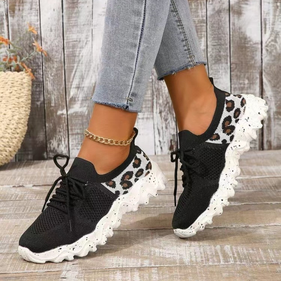 Leopard Mesh Runde Zehen Sportlich