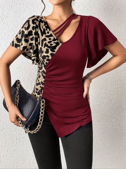 T-Shirt mit gerüschtem Leopardenmuster und Flatterärmeln