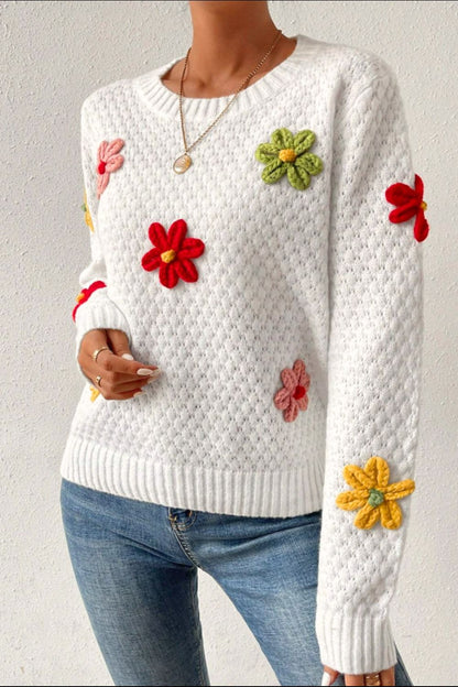 Häkelblumen-Pullover mit Rundhalsausschnitt und langen Ärmeln