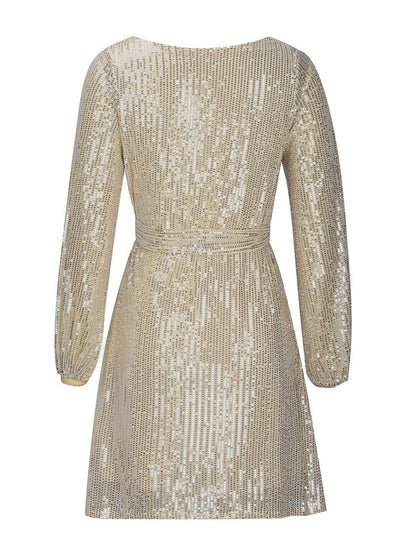 Langärmliges Minikleid mit Pailletten und Bindegürtel