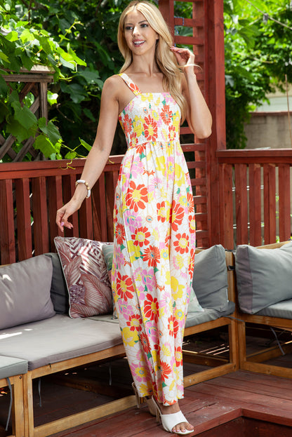 Jumpsuit mit Blumenmuster, eckigem Ausschnitt, gesmoktem Bein und weitem Bein