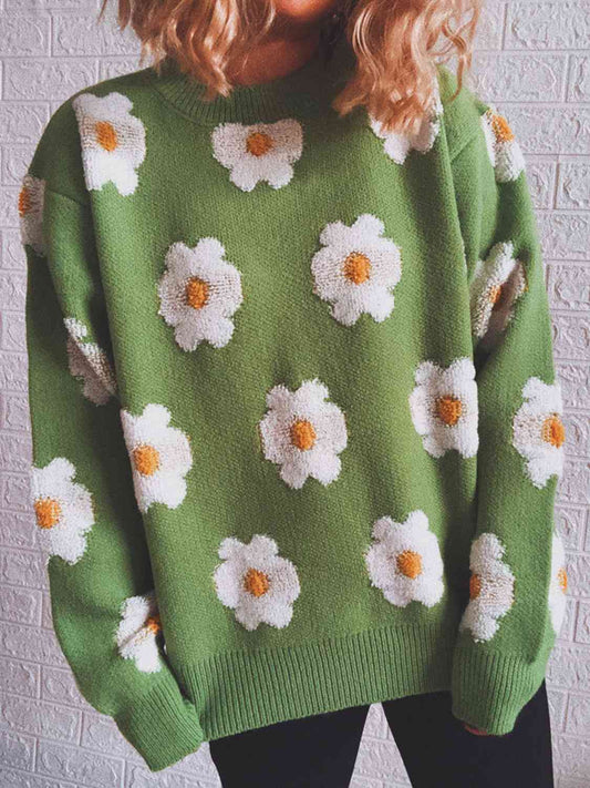 Blumenpullover mit Rundhalsausschnitt und langen Ärmeln