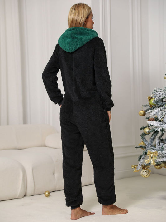 Lounge-Jumpsuit mit Kapuze und Reißverschluss vorn