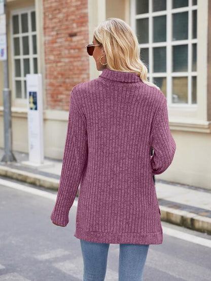 Geripptes Rollkragen-Langarm-Strickoberteil mit Schlitz