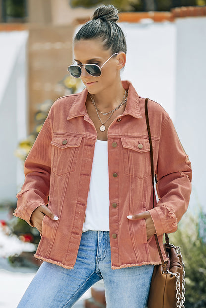 Jeansjacke mit Used-Look und offenem Saum