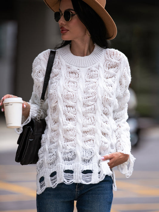 Distressed-Pullover mit Zopfmuster