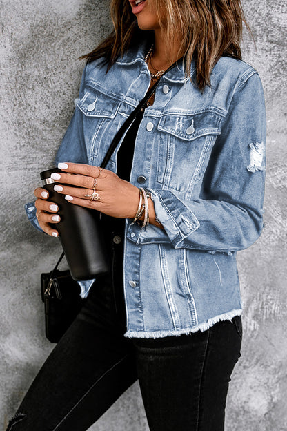 Jeansjacke mit Used-Look und offenem Saum