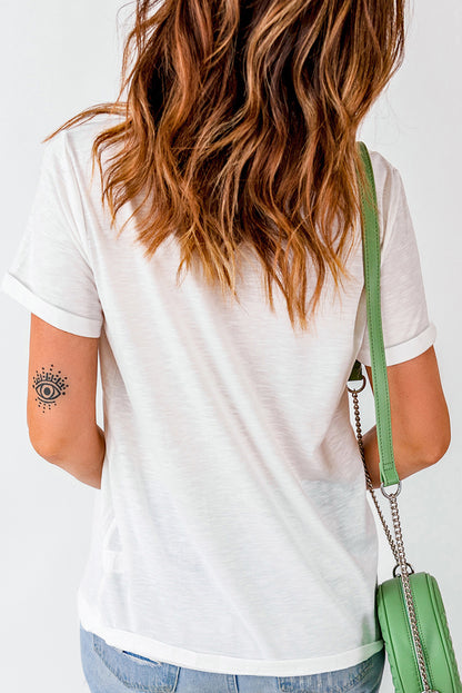 Camiseta de manga corta con cuello redondo y flores de lentejuelas