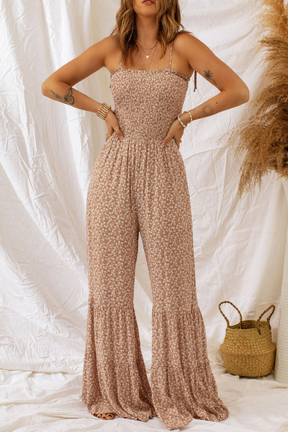 Jumpsuit mit Blumenmuster, Spaghettiträgern und weitem Bein, Smokarbeit