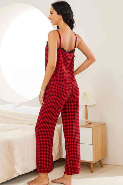 Pyjama-Set aus Camisole mit kariertem Spitzenbesatz und Hose mit Kordelzug
