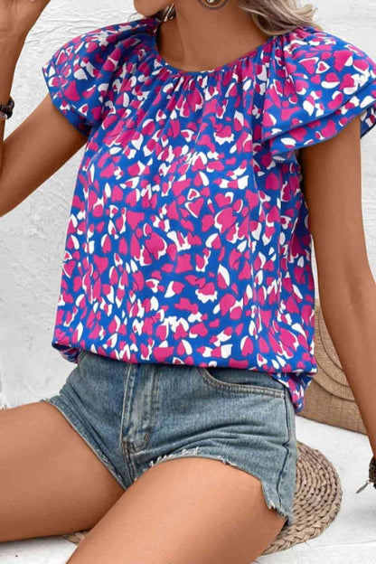 Bedruckte Bluse mit Rundhalsausschnitt und Flatterärmeln