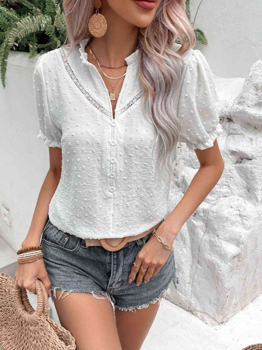 Bluse mit Puffärmeln und Knöpfen im Swiss Dot-Stil