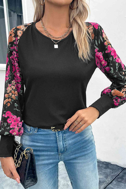 Bluse mit Blumenmuster, Rundhalsausschnitt und Laternenärmeln