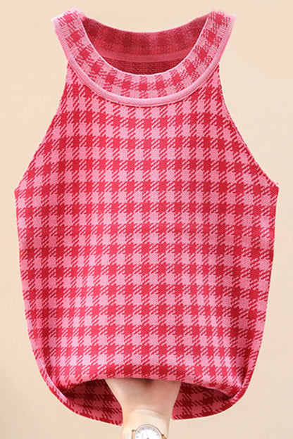 Ärmelloses Strickoberteil mit Rundhalsausschnitt und Karomuster