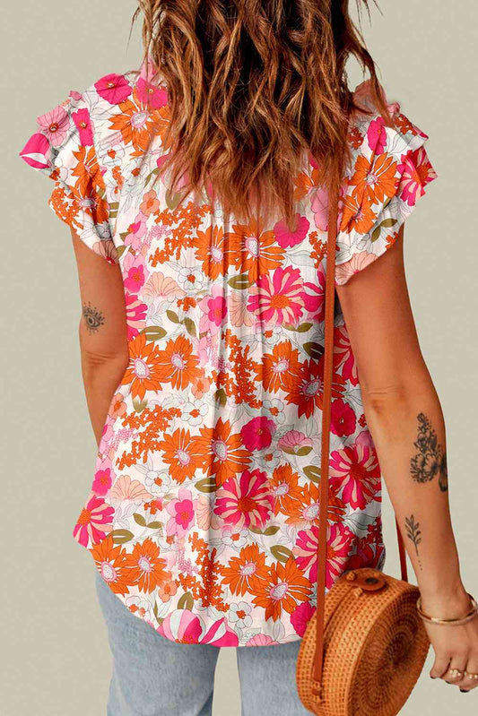 Bluse mit Blumenmuster, Bindeband am Kragen und Flatterärmeln