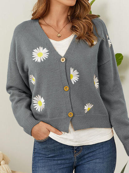 Cardigan mit Blumenmuster, Knopfleiste vorn und überschnittenen Schultern